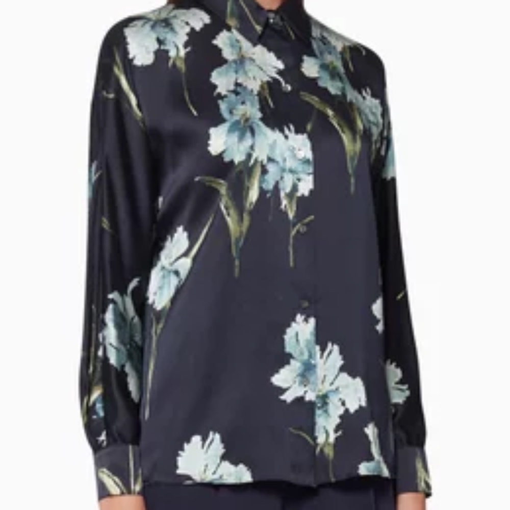 Vince 100% Silk Floral Button Down Shirt Navy Blue Iris Print Size Medium